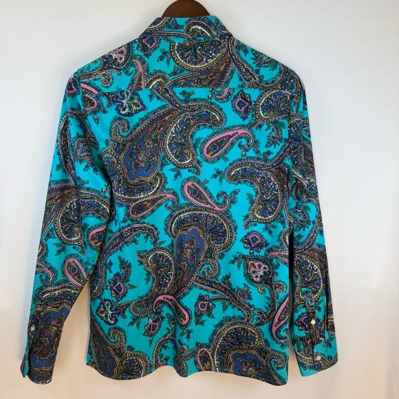 Talbots Women’s S Paisley Button Up Shirt Stretch Cotton Turquoise Classic EUC - Picture 5 of 9
